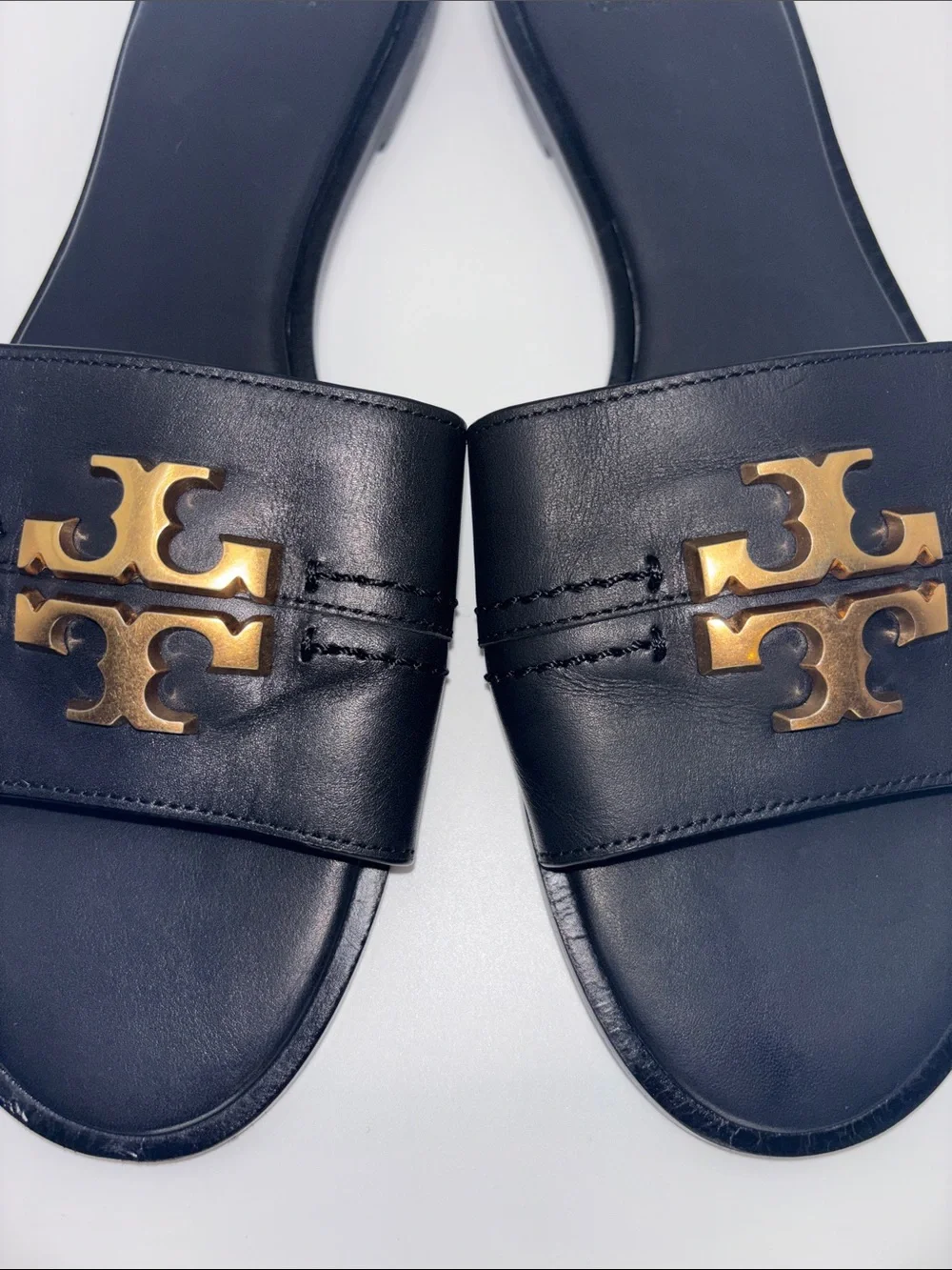 Tory Burch Black Leather Slide Sandals with Gold Logo